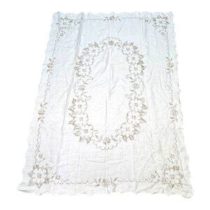 Vintage Cross Stitch Roses  White Floral Embroidered Tablecloth Rectangle 45x62